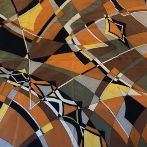 Guy Laroche Paris geometric design scarf.  Orange, rust, brown, black, green.